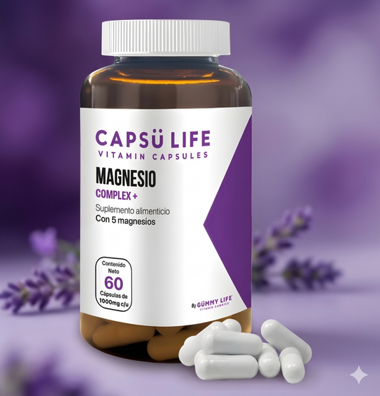 Capsü Life Magnesio Complex 5 en 1 con L-Treonato, Glicinato y Citrato 60 Cáps 1000mg | Con Vitaminas B3, B6 y Vitamina C Sin Rellenos