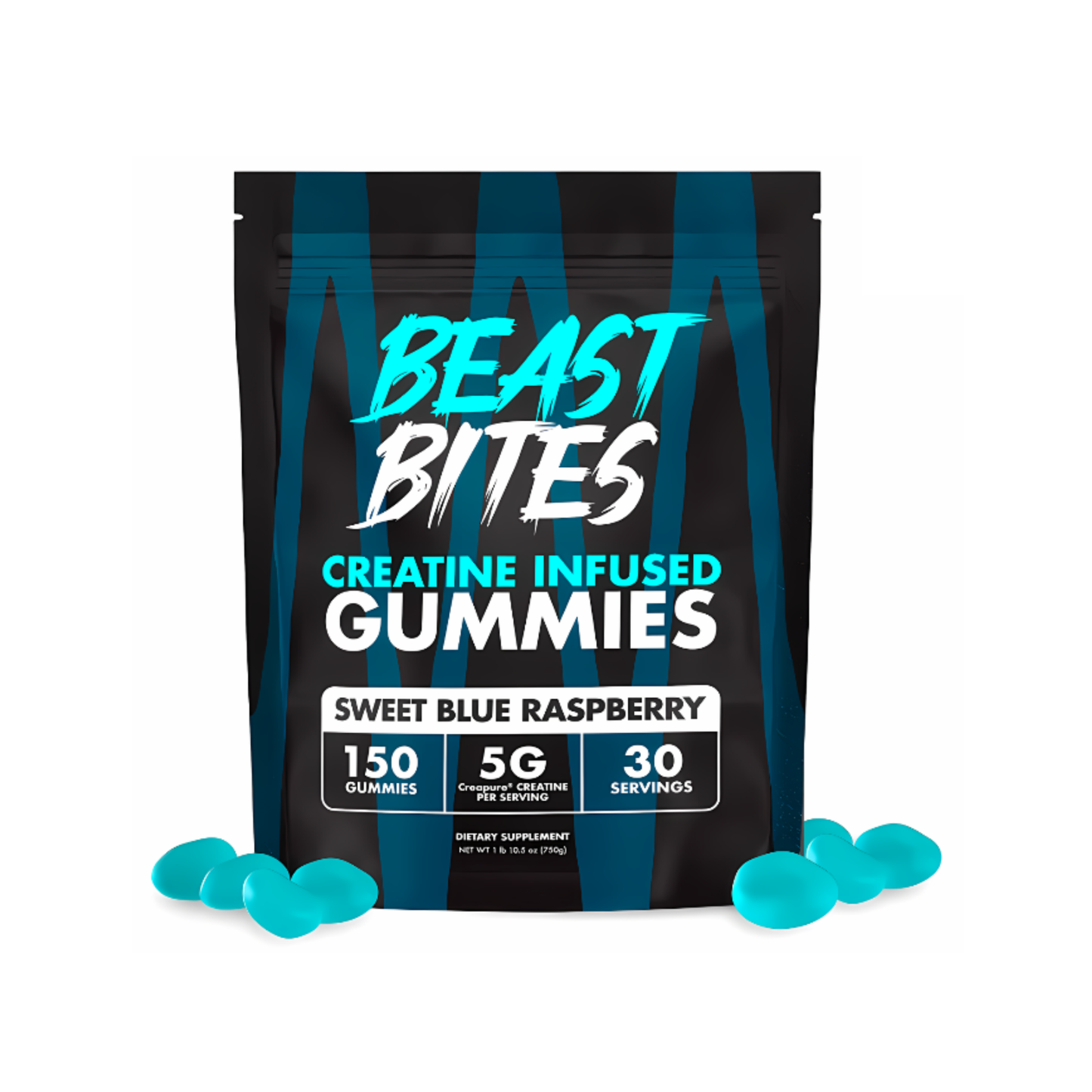 Beast Bites Gomitas de Creatina Monohidratada 5g por Porción 150 Gomas | Sin Gluten Sin Lactosa Sabor Arándano Azul 30 Servicios