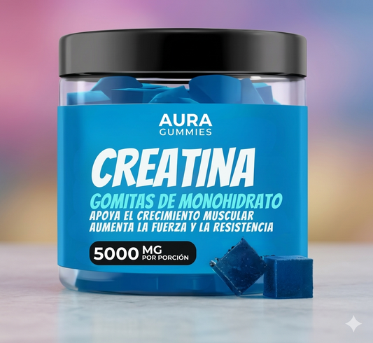 Aura Gomitas de Creatina Monohidratada 5g por Porción | 120 Gomitas Veganas Sin Azúcar Sabor Arándano con L-Taurina